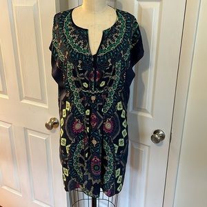 Anthropologie Maeve Navy Silk Mandala Tunic Dress w/ Slip Size Small
